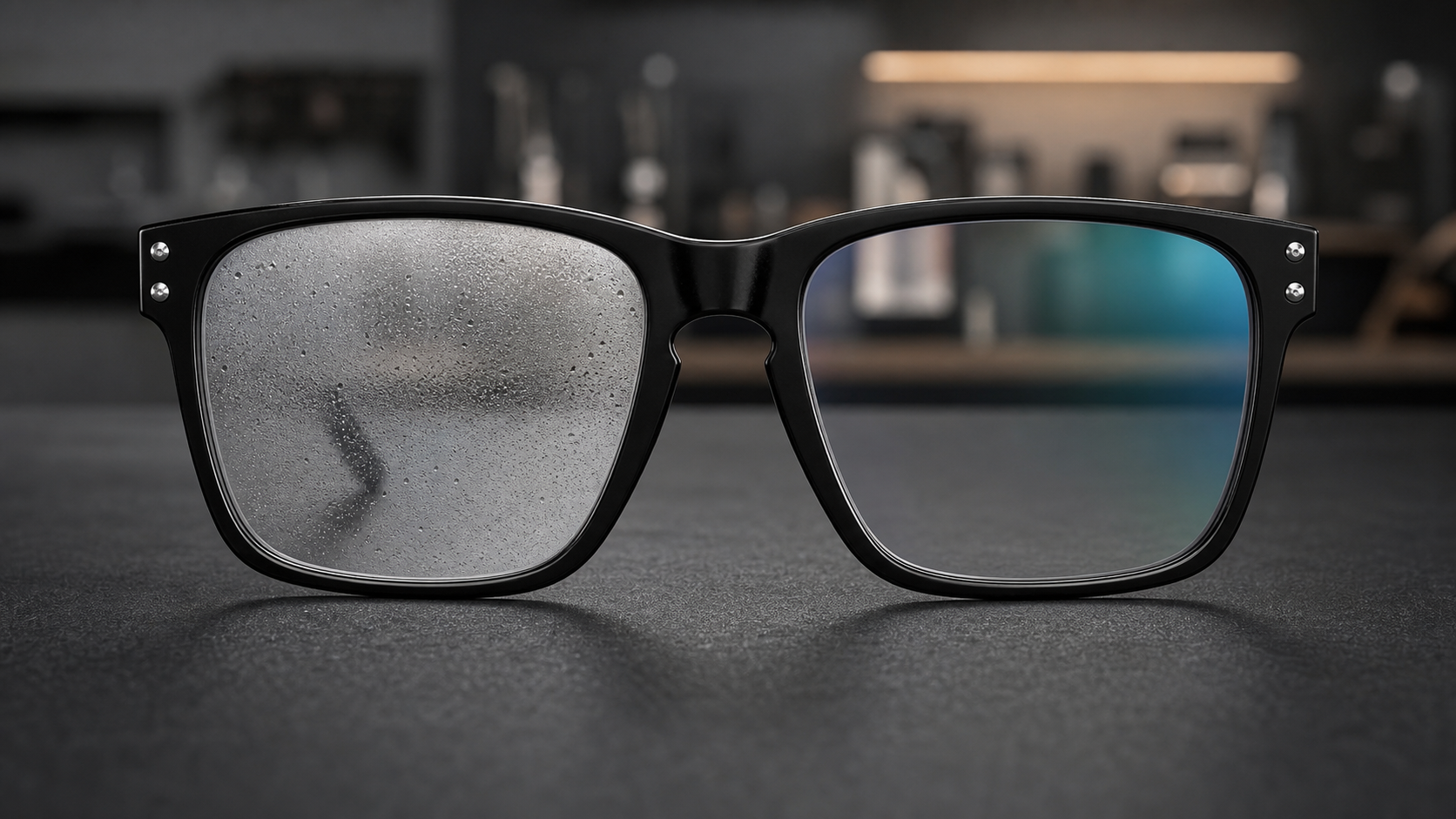 Black eyeglass frame showing fog and condensation on the untreated left lens and a clear protected lens on the right