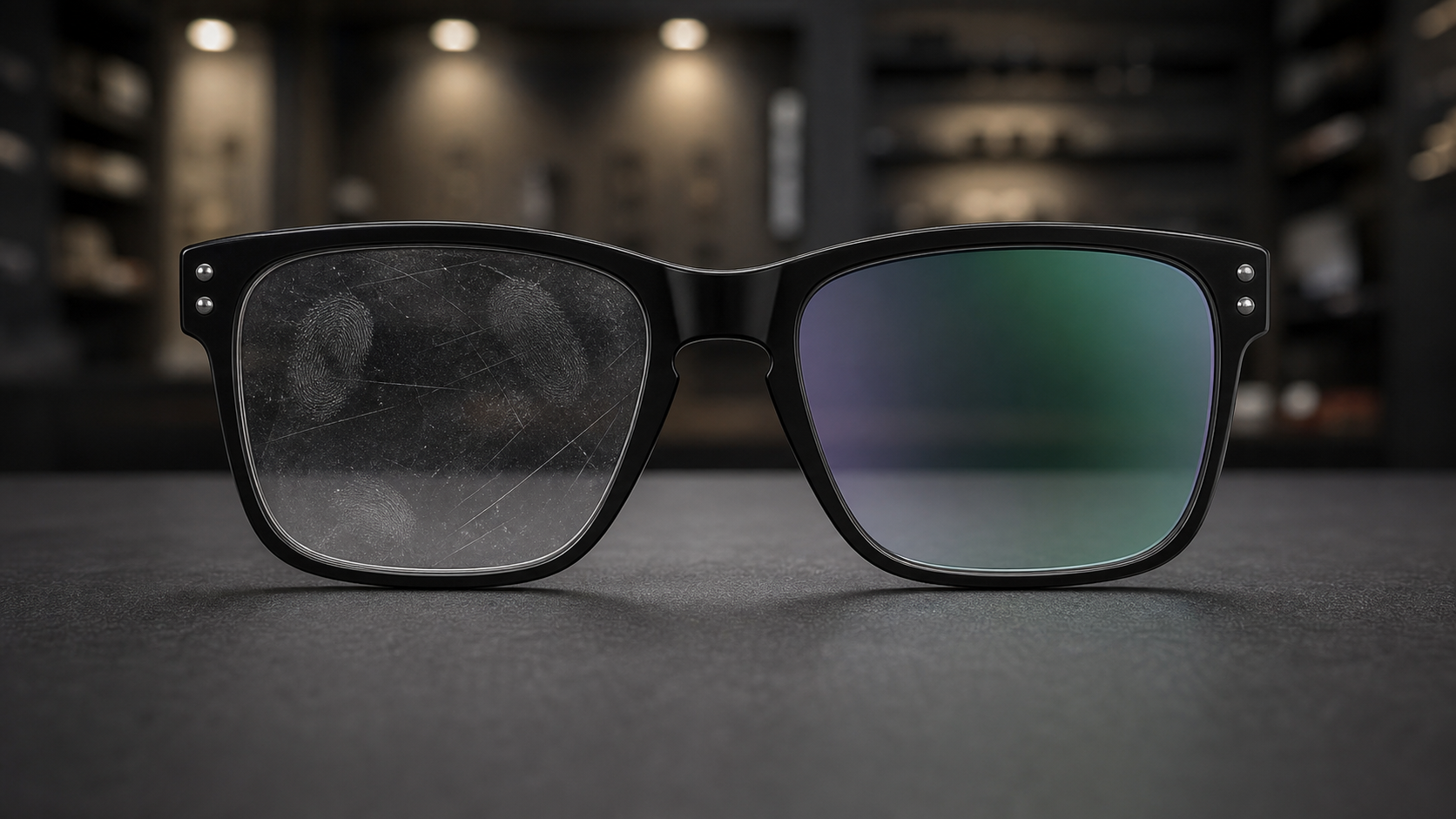 Black eyeglass frame showing fingerprints and fine scratches on the untreated left lens and a clear protected lens on the right