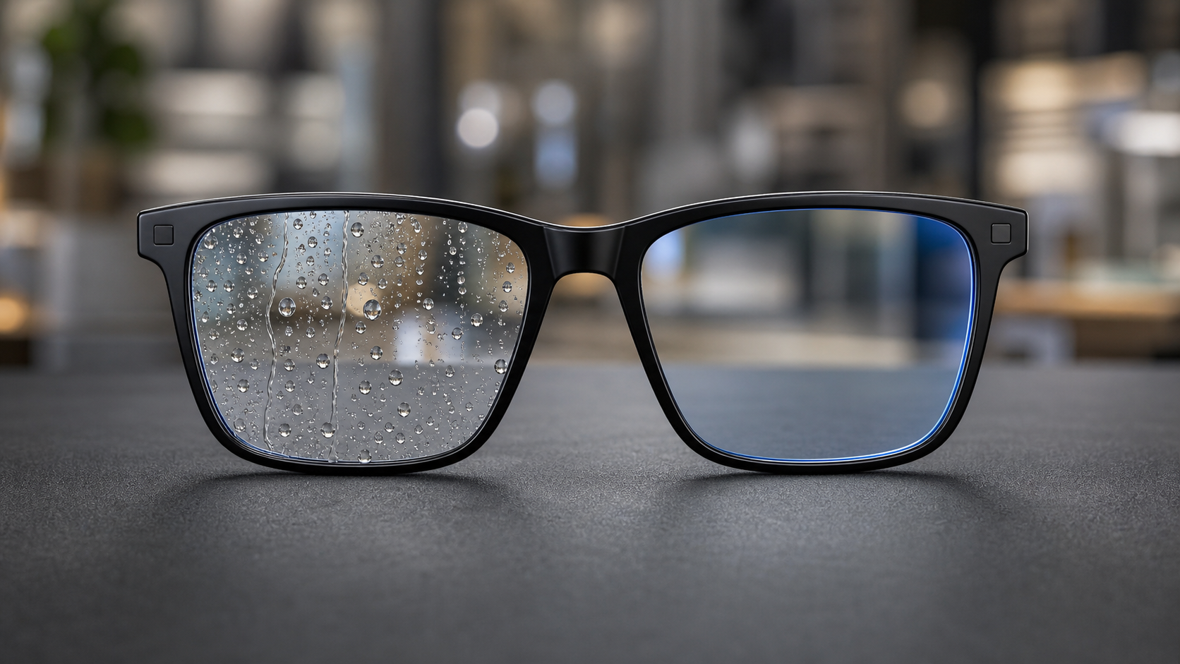 Black eyeglass frame showing water droplets on the untreated left lens and a clear protected lens on the right